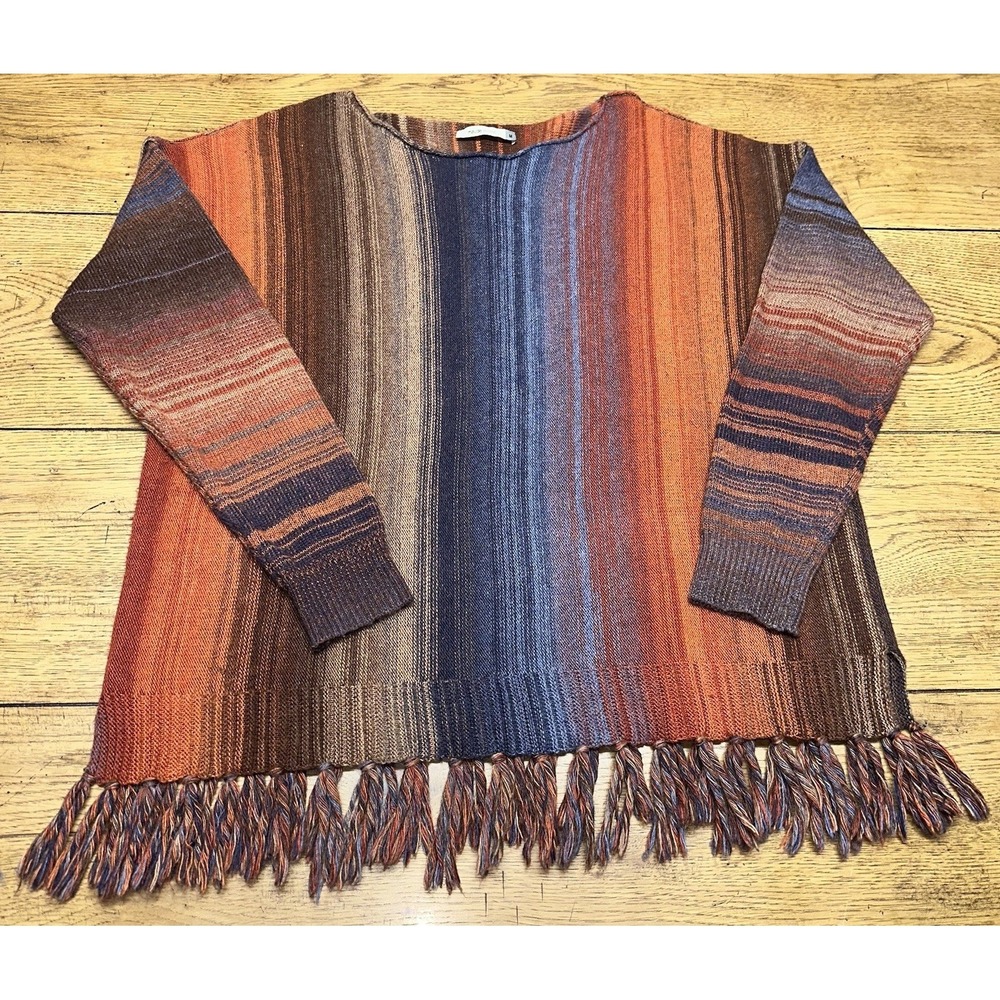 Maude Vivante Andrea Sweater Natural Multicolor Cable Knit Fringe Trim Women's M - Picture 4 of 9